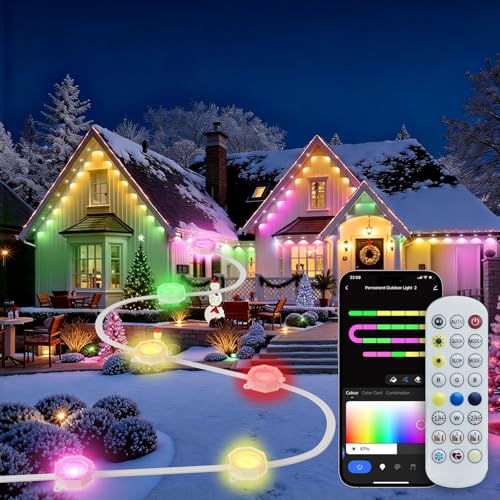 Permanent Outdoor Lights for House, IP67 Waterproof with 30 RGB+IC Permanent Holiday Lights, 49ft Eaves Lights Outdoor, DIY Scene for Halloween, Christmas Decor, Work with Google Assistant, Alexa