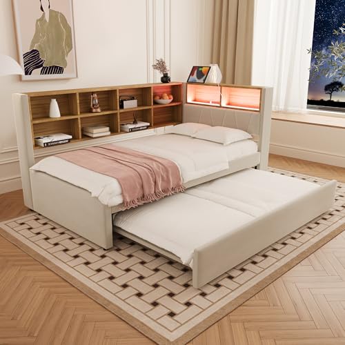 Merax Canapé-lit 90 x 200 cm, avec lit gigogne 90 x 190 cm, canapé-lit extensible avec lumières LED et compartiments de rangement, en flanelle, beige (sans matelas)