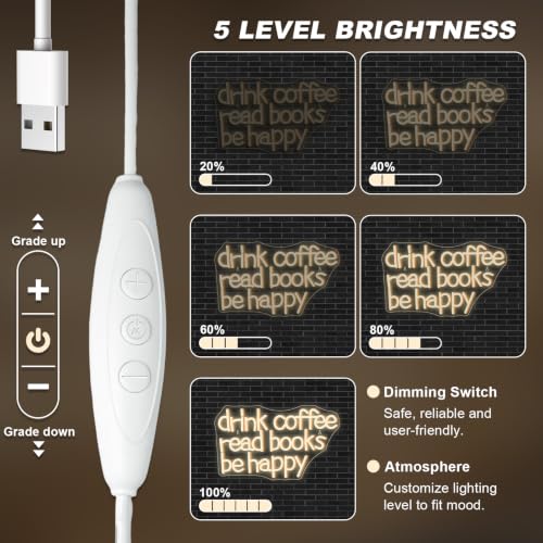 Image of Looklight Drink Coffee Read Books Be Happy Neon Sign Warm White Read Books Led Neon Light for Wall Decor Dimmable USB Neon Light Up Signs for Classroom Coffee Shop Bookstore Library Museum Study Room