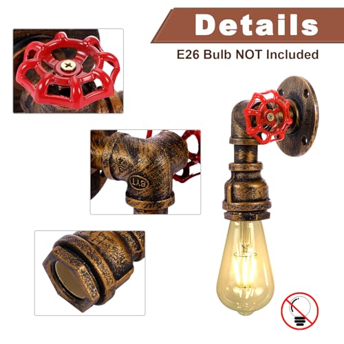 Image of Kawell Vintage Wall Light Fixtures Industrial Retro Wall Sconce Light Creative Water Pipe Wall Lamp Iron Art Single E26 60W Max for Bedroom Kitchen Restaurant Loft Cafe Bar Hallway, Gold