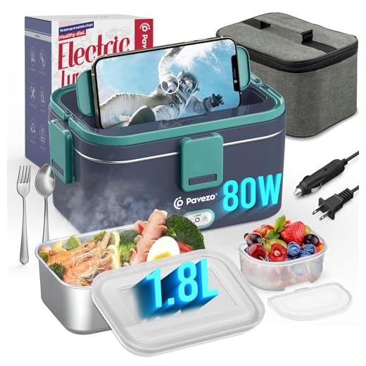 Pavezo Electric Lunch Box [Faster-80W, Large-1.8L] Food Heated Lunch Box, 12V/24V/110V Food Warmer Lunch Box for Car Truck Home, With Airtight Lid, SS Container, Fork Spoon, Carry Bag
