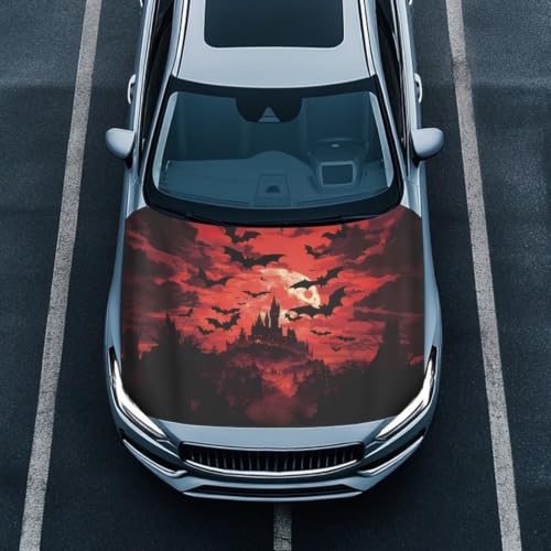 Image of Spooky Castle Halloween Print Car Hood Cover Stretchable Auto Hood Wrap Blankets Waterproof Automotive Halloween Outdoor Decorations for Compact Sedans SUV Trucks Van