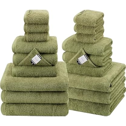 SEMAXE Badetuch-Set, 100 % Baumwolle, 6 Badetücher, 6 Handtücher, 6 Waschlappen, Badetücher mit Aufhängeschlaufen, saugfähiges Handtuch, Hotelspa-Qualität, Grün, 18 Stück