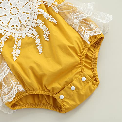 Newborn Baby Girl Lace Romper Floral Embroidery Ruffles One Piece Romper Bodysuits Outfits Spring Summer Clothes (9-12 Months, Yellow) #TOP4