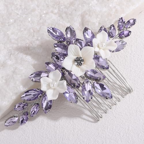 Peine para cabello con flores y rhinestones morado claro miniatura 1
