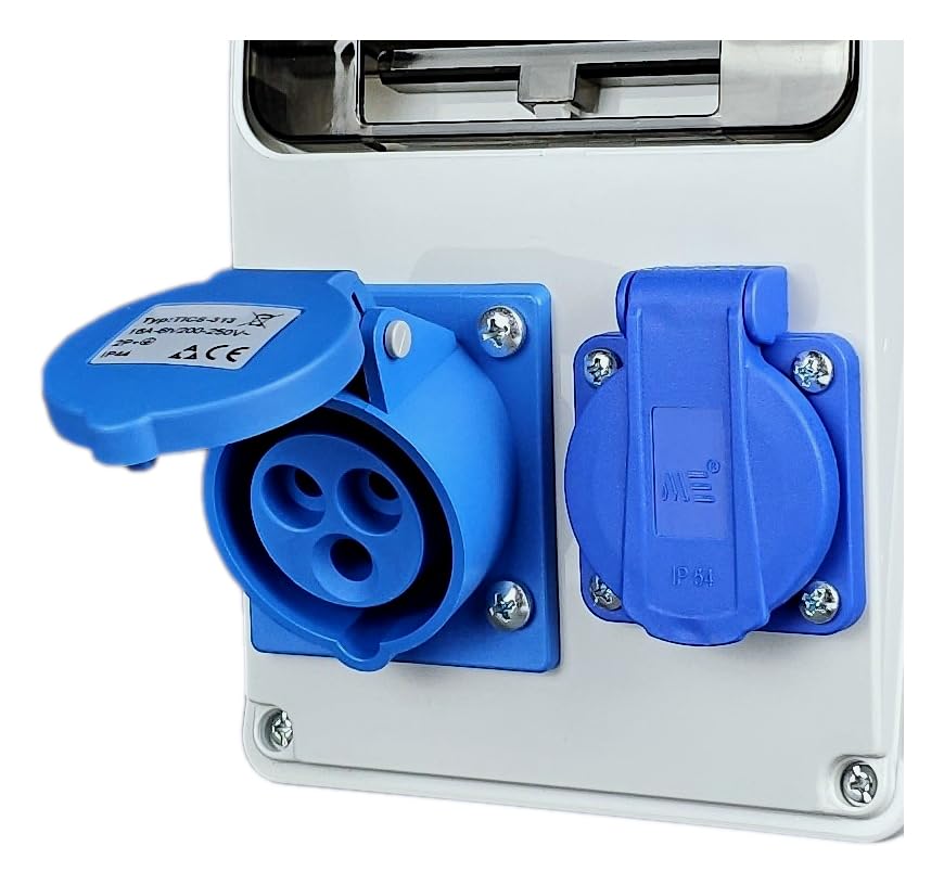 RoadEu - Stroomverdeler 230V. 1-fase CEE 32A 3P contactdoos en 2x Schuko contactdoos met zekering en aardlekschakelaar. IP44 perfect voor werkplaatsen, schuren en tuinen RoadEu - Stroomverdeler 230V. 1-fase CEE 32A 3P contactdoos en 2x Schuko contactdoos met zekering en aardlekschakelaar. IP44 perfect voor werkplaatsen, schuren en tuinen