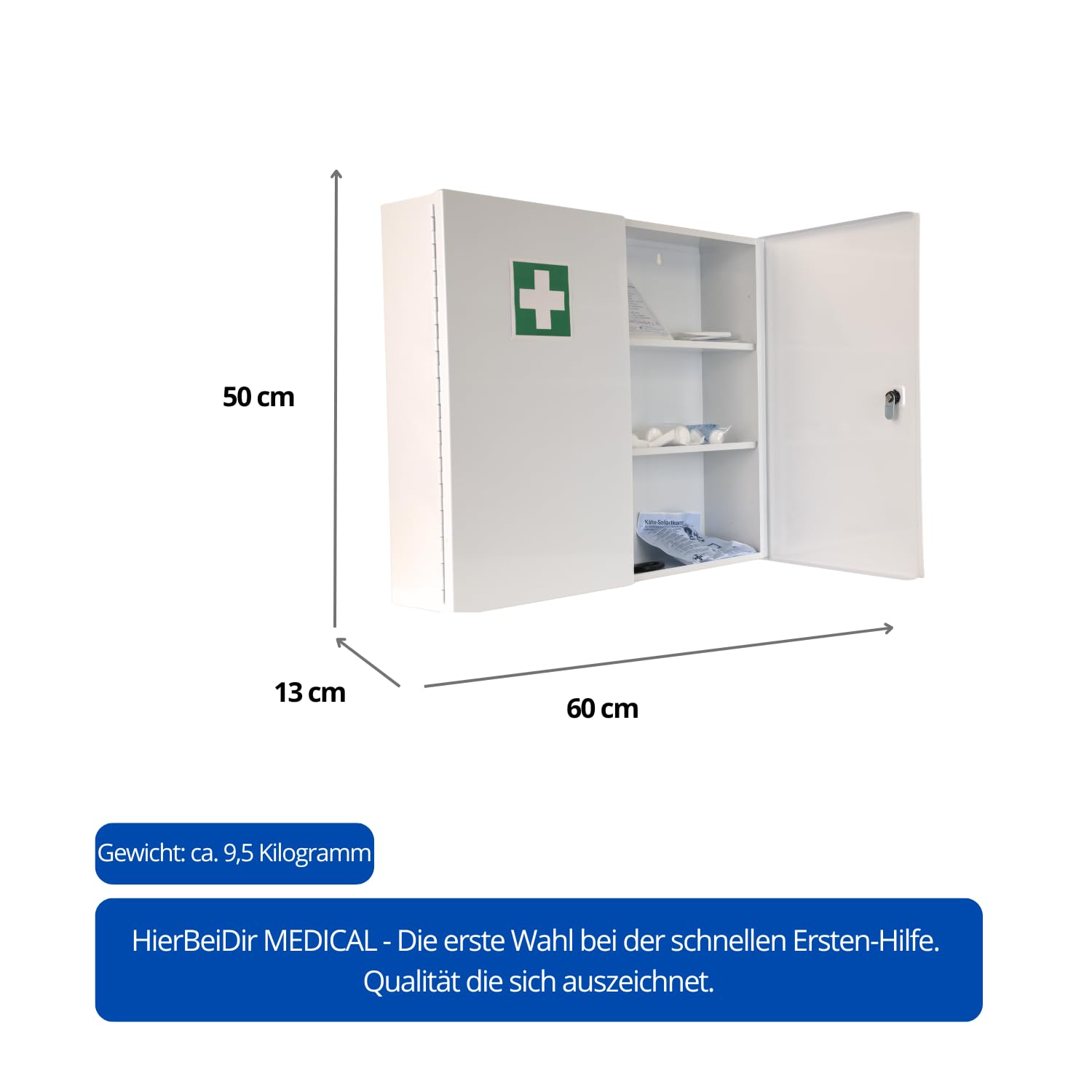 Erste Hilfe Verbandschrank DIN 13169:2021, Medizinschrank mit 3 Fächern (zweitürig) + abschließbares Medikamentenfach & Sicherheitsschloss – aus Metall, 60 x 50 x 13 cm – groß, robust - zum Aufhängen