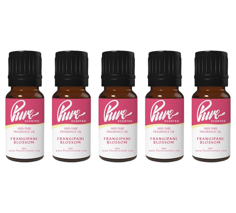 Pure Scented 50ml Fragrance Oils - 5 x 10ml Suitable for Candles, Soaps, Slime, Diffusers, Cosmetics, Wax Melts, Designer (5 x 10ml, Frangipani Blossom)