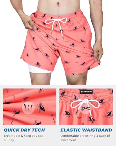 Image of SURF CUZ Mens Swim Trunks with Compression Liner Swim Shorts 7 inch Swimming Trunks Stretch 7 Inch Swim Suits Quick Dry