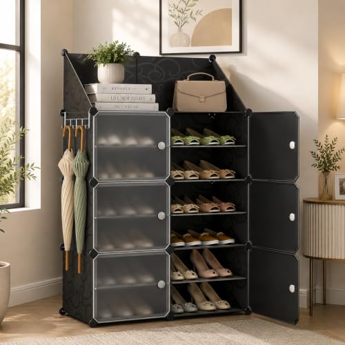 Image of LUVHOMEE Plastic Shoe Rack for Home with Door, 6-Door Shoe Storage Cabinet | 12-Shelfs for 24 Pairs | Waterproof & Portable DIY Shoe Slipper & Chappal Stand for Entryway /Bedroom (White-Y4)