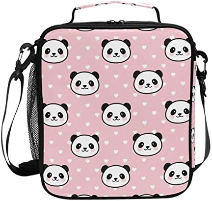 Girls Panda Lunch Bags Cute Pink Heart Large Insulated Lunch Box Tote Bag Cold Thermal Freezable Shoulder Strap for Kids Teen School Work