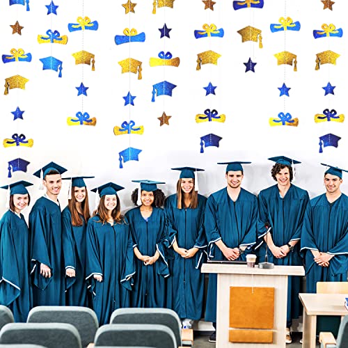Glittery Navy Blue And Gold Decoration Banners Streamers With Graduation Hat, Diploma, And Stars - Backdrop Garlands For Graduation Party Supplies #TOP6