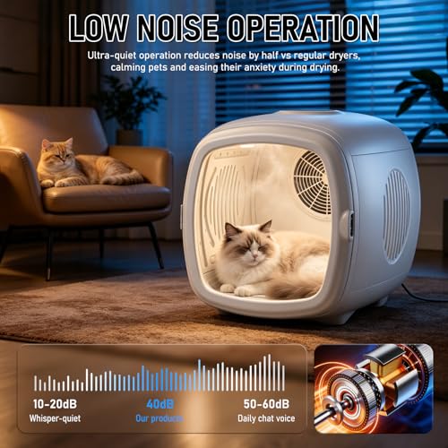 Image of 1200W High Velocity Pet Dryer Box for Cats & Small Dogs, Automatic Lonic Full-Body Fast Drying Box with 5 Temp Modes & Adjustable Wind,Low Noise Smart Soft Hair Grooming Dryer with 3 Towels(60L,White)
