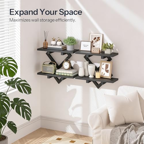 Image of HOOBRO 15 inch Floating Shelves for Wall, Set of 2 Wall Shelf, 2-Tier Hanging Shelves, Wall Mounted Storage Shelf, Display Rack, for Living Room Bedroom Kitchen Bathroom, Black BB14BJP201