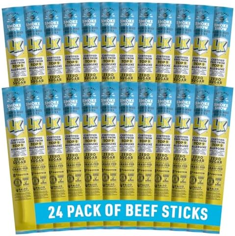 Lorissa's Kitchen Premium Grass-Fed & Finished Beef Jerky Snack Sticks 24-Pack: Original Smoked Flavor, 8g Protein, Certified Free from Top 9 Allergens, Gluten-Free, Non-GMO, Zero Sugar, Keto, Paleo