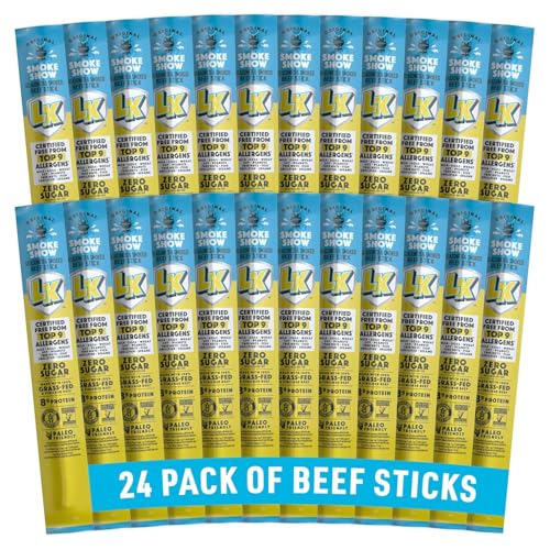 Lorissa's Kitchen Smoke Show Seasoned & Smoked Beef Sticks - (Pack of 24) 1 oz Meat Sticks - Ready to Eat Protein Snacks - Free from Top 9 Allergens - Made with Grass-Fed & Finished Beef - Zero Sugar