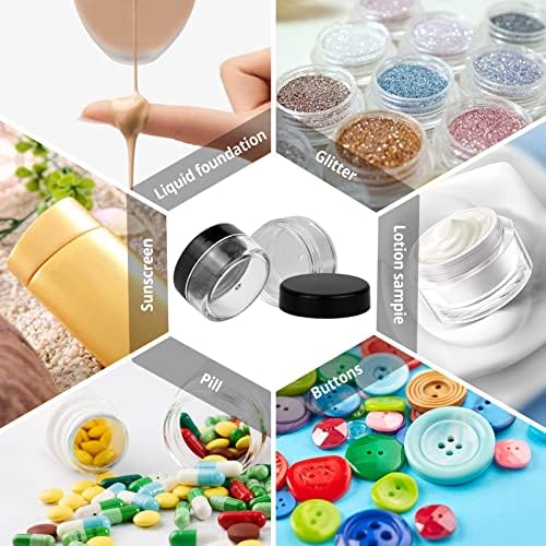 20pcs 10 Gram/10ml Jars, Sample Pots, Mini Jars With Lids, Clear Round Plastic Jars With 2 Mini Spatulas For Various Cosmetic Products, Samples Eye Shadow Lip Balm, and Nail Powder (Black)