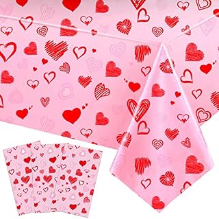 Adisno 3PCS Valentine's Day Tablecloth, Rectangle Love Heart Tablecloth, Waterproof, Red, Plastic Tablecloth Cover for Valentine's Wedding Dinner Party Decoration, 137 x 274 cm