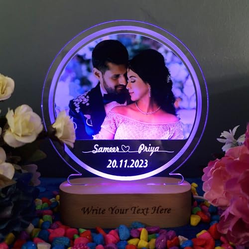 Image of Personalized Digital UV Printed 3D Illusion Photo LED Table Lamp for Couple Gift for Anniversary, Wedding, Marriage, Valentine Day- Your Wooden Base Text Egraved, Multicolor Light- 22CM
