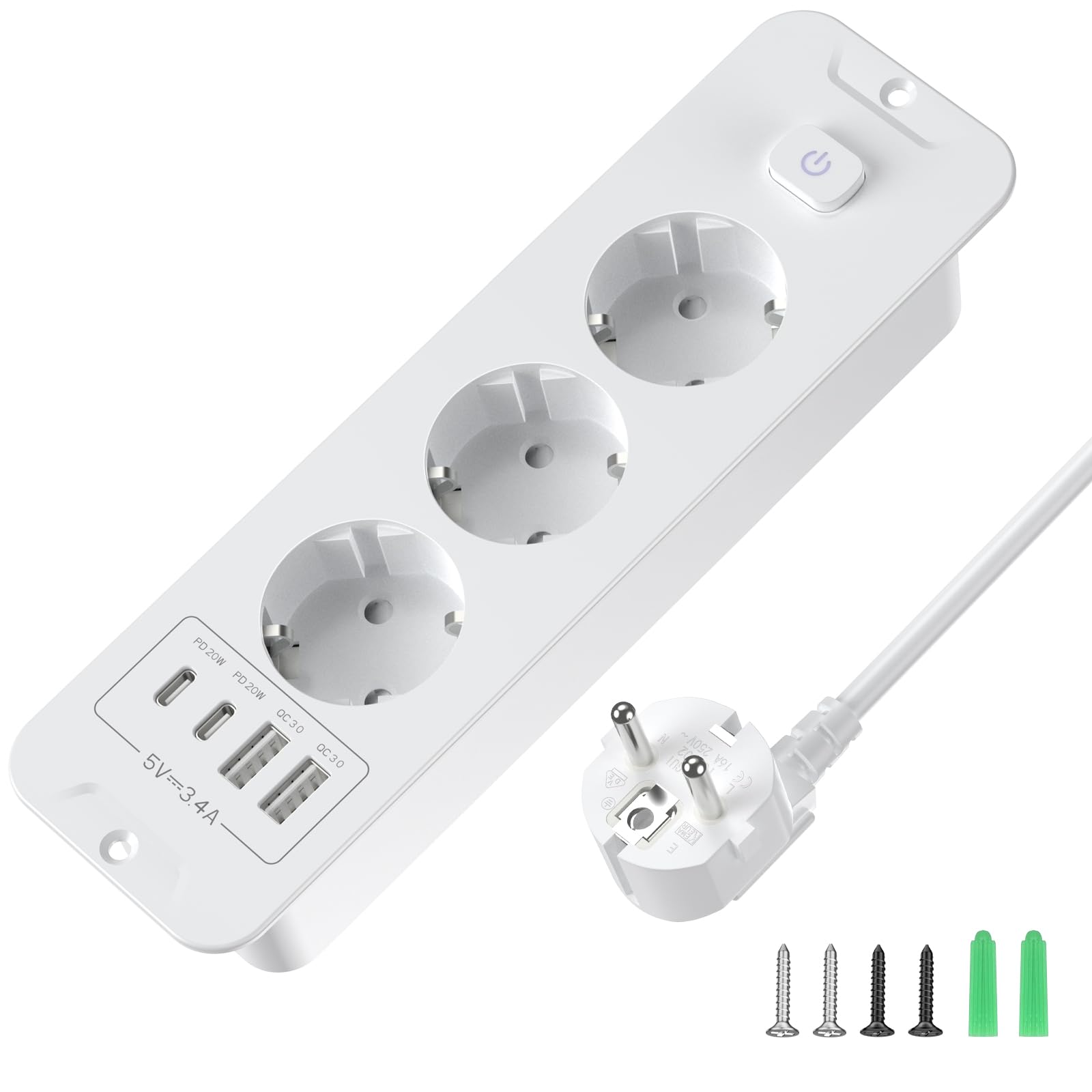 Inschuifbaar tafelstopcontact, USB C PD20 W met schakelaar, 3-voudig inbouwstopcontact, inschuifbaar met USB, inbouwstopcontact, inschuifbaar, 1,8 m kabel voor werkblad, kantoor, keuken, werkplaats