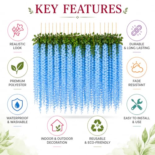 Image of Tia Crafts Polyester Artificial Hanging Flowers For Ceiling Balcony|Sky Blue Wisteria Vine|Home Party Decor Garden Outdoor Greenery Office Wall Decoration| Waterproof Washable-Pack Of 6 (Sky Blue,6)
