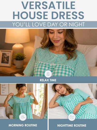 Image of Casual Nights Women's Snap - Front House Dress Short Sleeve Woven Housecoat Duster Lounger Robe with Pockets