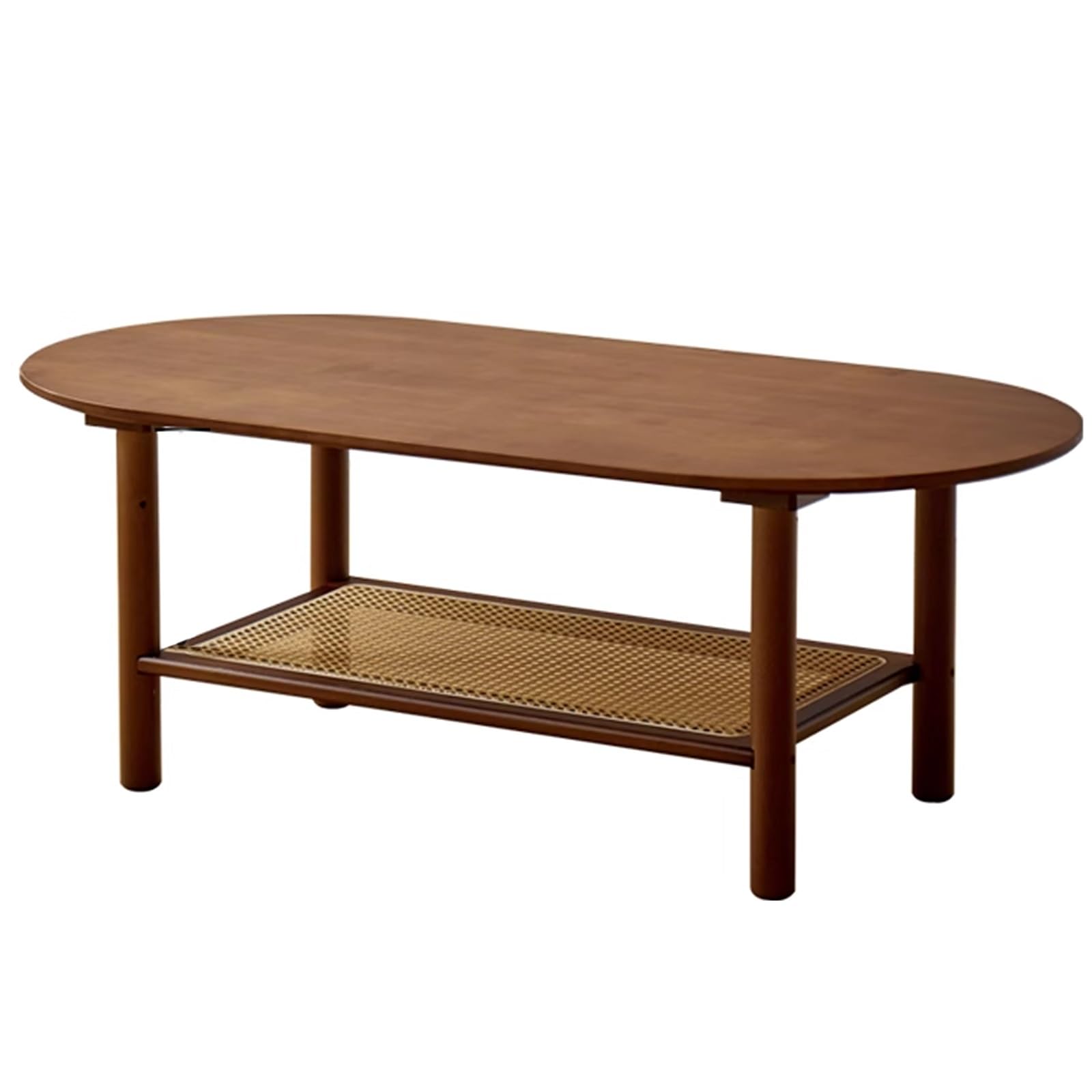 Stolik Kawowy Owalny Styl Średniowieczny Grube Drewno Lite Rattan Stół do Salonu Szeroki Blat Dwupoziomowa Przestrzeń dos Przechowywania Stolik Pomocniczy do Salonu, Biura(Brown,120x44x60cm)