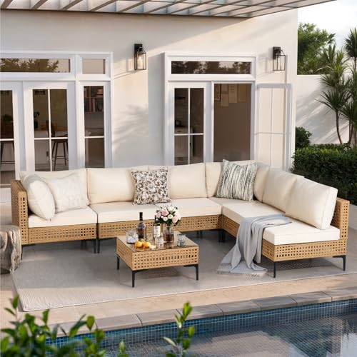 ABCASA Patio Furniture Set, 110" Large 7-Piece Wicker Outdoor Patio Furniture Sets with Coffee Table,Boho Patio Conversation Set Sectional Sofa with All-Weather Cushions for Backyard,Porch,Beige