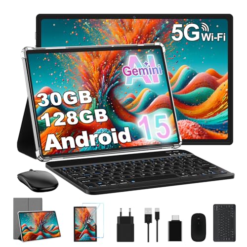 Dghrti 10 Pollici Tablet Android 15,30GB RAM+128GB ROM (2TB TF),Octa-Core,FHD IPS,USB-C/8000mAh,Wi-Fi 5G, BT5.0, 5MP+8MP,Touch Screen,Facial ID,Corpo in Metallo Tablets PC con Tastiera, Mouse -Grigio