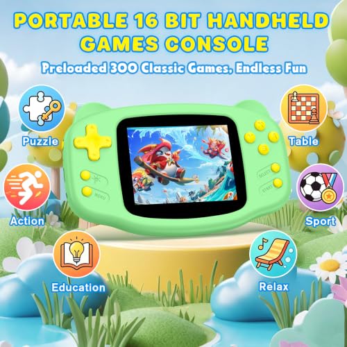 Image of Portable 16 Bit Handheld Game Console for Kids, Retro Gaming Console with 300 Classic Video Games, Handheld Plug & Play Player with 3.2'' IPS Screen, Rechargeable Travel Gift for Boys & Girls (Green)