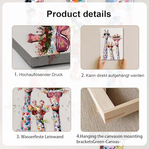 Leinwand Bilder Wandbild 30x40 cm mit Rahmen – Bunte Giraffen im -Design, Kunstdruck auf Leinwand, Ideal für Wohnzimmer, Schlafzimmer oder Kinderzimmer, Mit fixierten Haken und ohne Spuren Nägeln