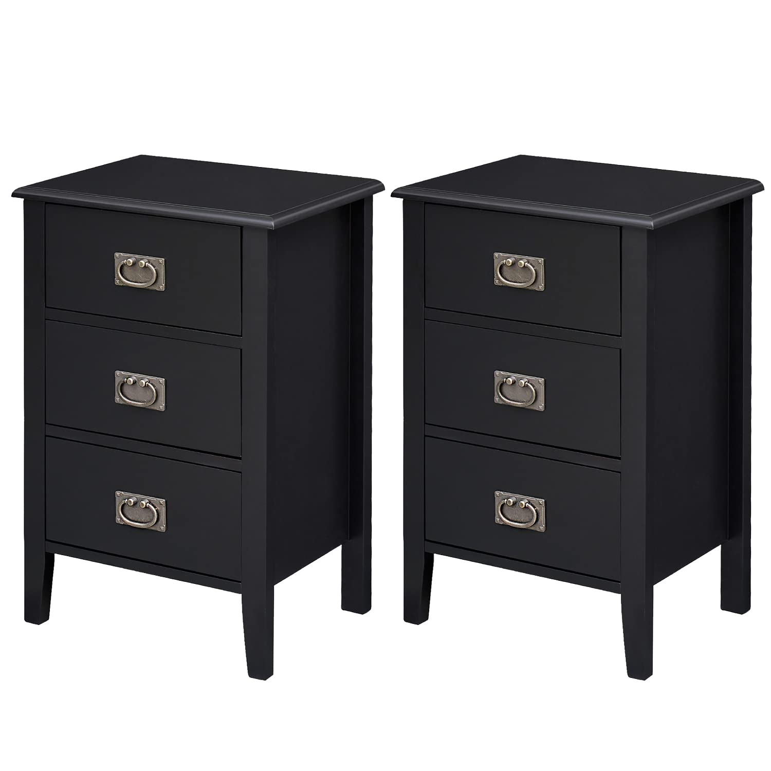 VECELO Nightstands Set of 2 End/Side Tables for Bedroom/Living Room/Bedside with Three Storage Drawer, Vintage Accent Furniture Small Space, Solid Wood Legs, Black