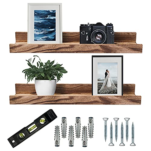 Picture Ledge Shelf - Set of 2 Wooden Floating Photo Ledge - 16 Inches Long with Shelf Rail - Mounting Hardware & Level Included - Enhance Decor & Storage with Wall Shelves for a Space Saving Solution Picture Ledge Shelf - Set of 2 Wooden Floating Photo Ledge - 16 Inches Long with Shelf Rail - Mounting Hardware & Level Included - Enhance Decor & Storage with Wall Shelves for a Space Saving Solution