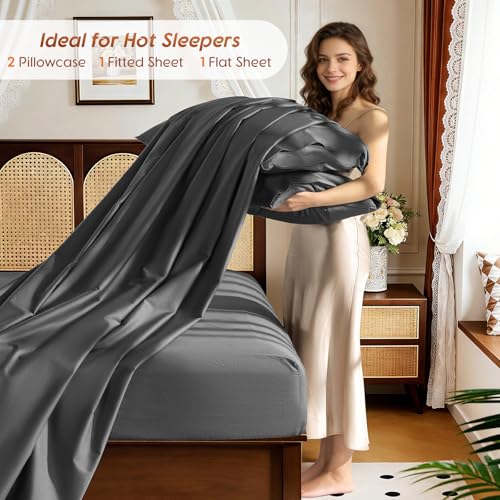 Image of 100% Egyptian Cotton Sheet Set 4 Pcs , 1200 TC, 16 inch Deep Pocket Sheet Queen | Long Staple Cotton Sheet, Soft and Breathable, 1 Fitted Sheet, 1 Flat Sheet, 2 Pillowcase Cozy for All Season, Dark Gray