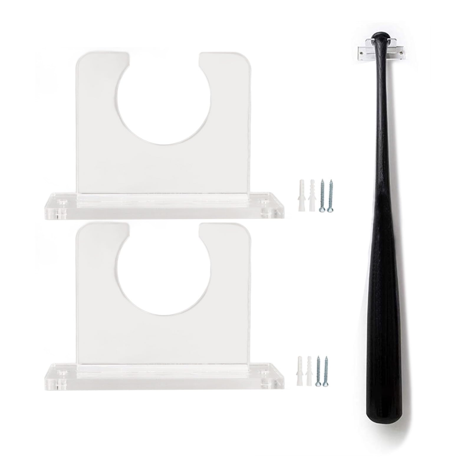 Tissting 2 Pcs Baseball Bat Holder Acrylic Clear Vertical & Horizontal Wall Mount Display Rack for Baseball Softball Bats Easy Install Sturdy Hanger with Hardware Included (3.9 x 1.6 x 2.8 Inch)