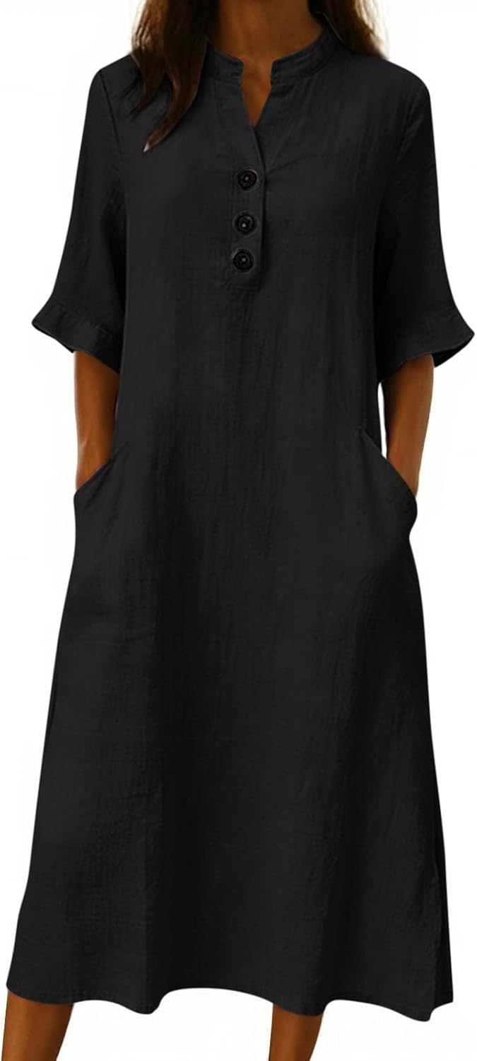 Summer Casual Dresses for Women Cotton Linen A Line Sun Dress Ruffle 3/4 Sleeve V Neck Tshirt Dress with Pockets
