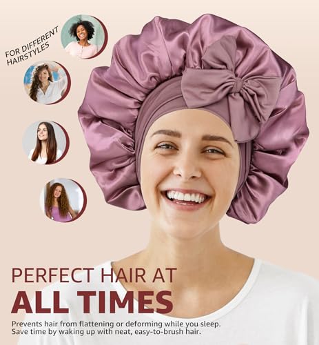 HiRui Silk Satin Bonnet for Sleeping Women, Double-Layer Sleep Cap Shower Cap with Adjustable Tie, Moisture Retaining Satin Lined Hair Bonnet for Curly and Natural Hair (Blush Pink/Pink, Medium) - Image 5
