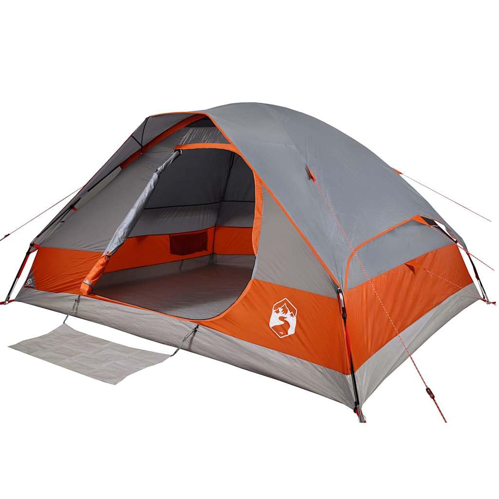 Tente de Camping Dôme 6 Personnes, Tente Familiale en Polyester 185T, Arceaux en Fibre de Verre, Sac de Transport, pour Camping et Randonnée en Famille, Gris et Orange
