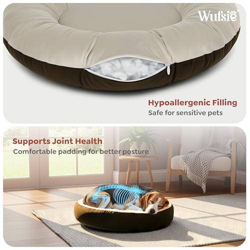 Image of Velvet Dog Bed in Round Shape | Medium 70 Cm | Premium Velvet Pet Bed for Cats and Puppies | Soft & Cozy Sleeping Bed for Dog with Removable Insert | Brown & Cream