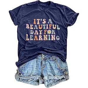Teacher Life Shirt for Women It’s a Beautiful Day for Learning T Shirt Funny Short Sleeve Shirt Retro Teacher Gift Tee