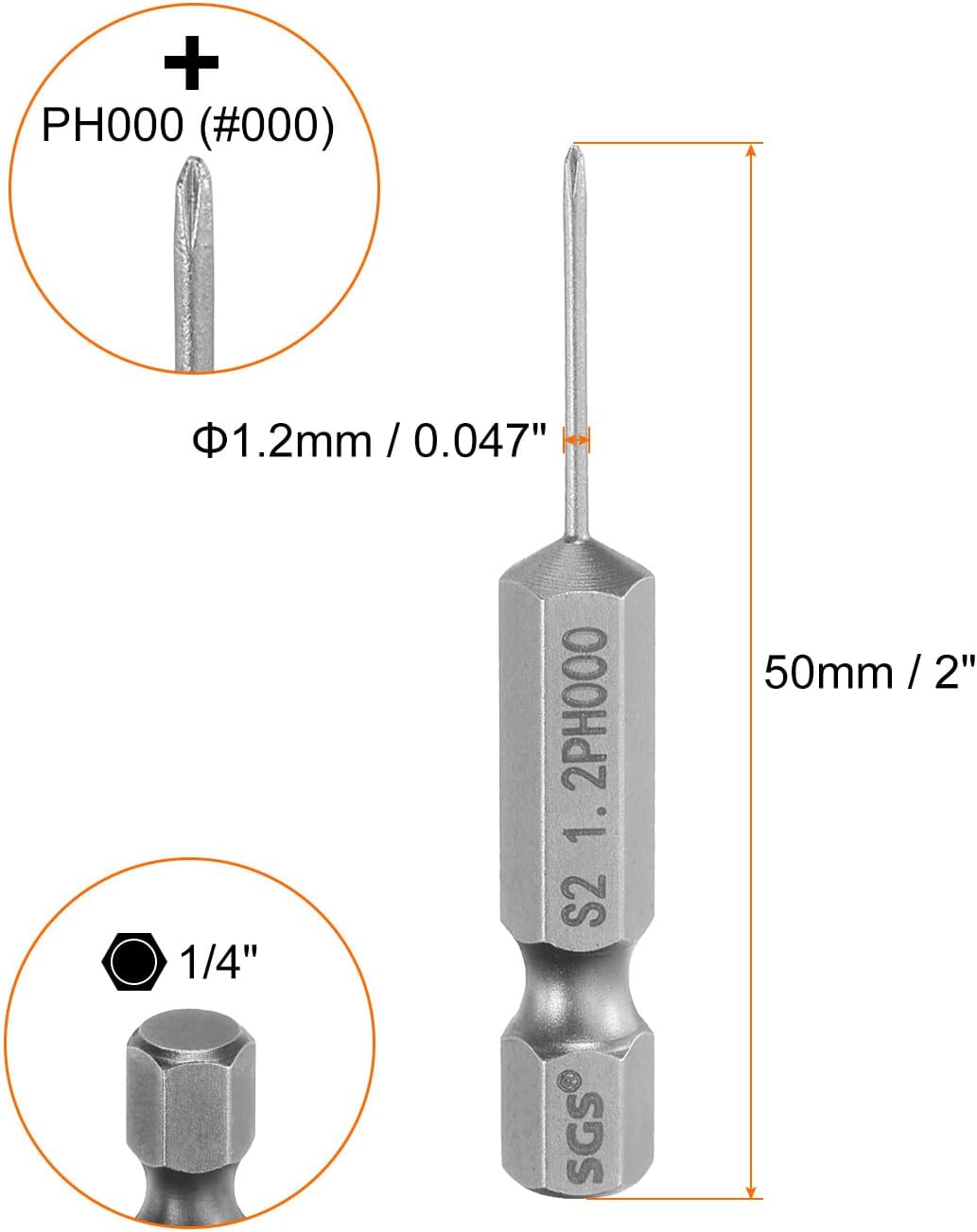 HARFINGTON 5pcs #000 Phillips Screwdriver Bit PH000 1/4" Hex Shank 2" (50mm) Long Magnetic S2 Steel Industrial Grade Screw Driver Bit Cross Head Electric Drill Bits 0.047" (1.2mm) Rod