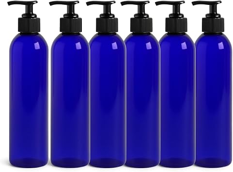 Royal Massage 8 oz Bullet Pump Bottle Refillable Massage Oil, Lotion, Soap, Shampoo Dispenser BPA-Free PET with Black Locking Pump UV-Resistant for Essential Oils Blue, 6