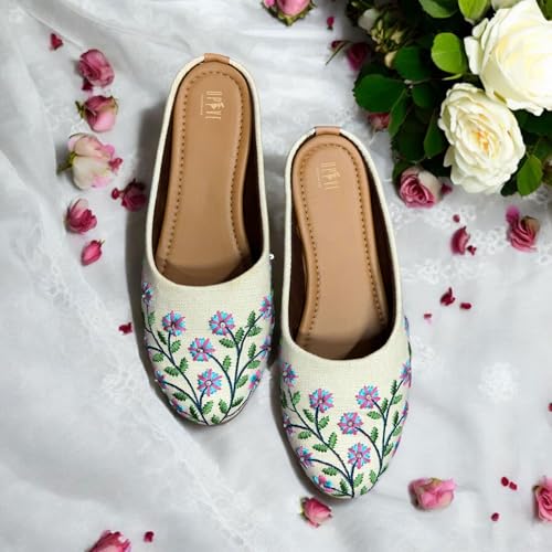 Image of OPIVE's Mehandi Women's Mojari Jutti Ethnic Punjabi Juttis Traditional Flat Embroidered Canvas Fancy Bellies Comfortable Sole for Womens & Girls