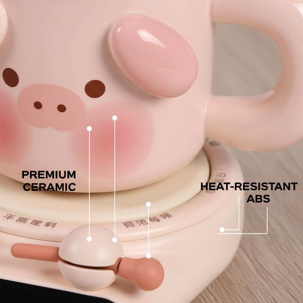 Women's Cute Piggy Ceramic Coffee Mug Warmer Set Heated Coaster Gift for Girlfriend, Keeps Beverages Warm (Pink)