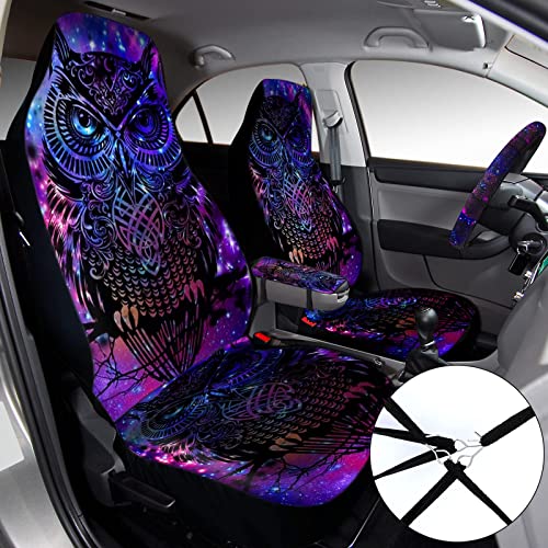 Tallew 10 Pcs Purple Colorful Owl Car Seat Covers Set Car Steering Wheel Cover Front Seat Covers Seat Belt Pads Armrest Pad Cup Holder Strap Car Decor Accessories For Vehicle Car Suv Truck #TOP1