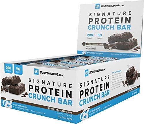 Bodybuilding Signature Protein Crunch Bar | 20g Whey Protein Low Sugar | Gluten Free No Artificial Flavors | (12 Bars, Double Chocolate Chunk)