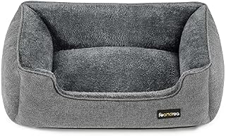 FEANDREA Dog Bed, Linen-Look Pet Bed, Dog Sofa Bed with Raised Edges, Non-Slip Bottom, Removable Washable Cover, L, for Medium Dogs, 90 x 75 x 25 cm, Light Grey