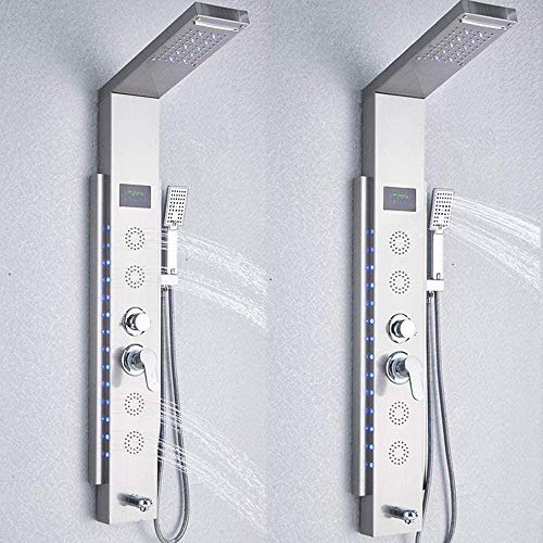Columna de Ducha LED con Panel de Acero Inoxidable, Sistema de Ducha con Pantalla de Temperatura, Cabezal Lluvia y Duchador de Mano miniatura 4