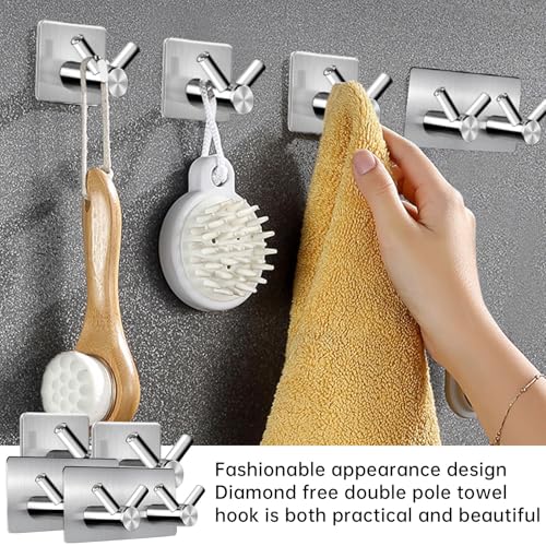 GZLFH 4 Stück Handtuchhalter Ohne Bohren Haken Selbstklebend Einzelhaken- Und Doppelhakenausführungen, Klebehaken Bad Für Badzimmer Toilette Küche Büro (Silber)