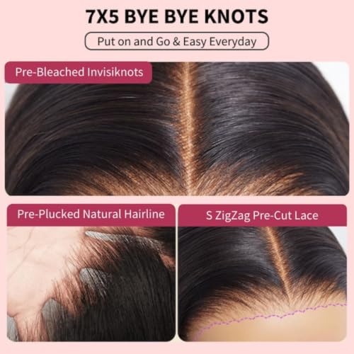 Image of Beauty Forever Bye Bye Knots Wig 7x5 Glueless Lace Black to Chestnut Brown Ombre Loose Wave Wig with Bleached Knots Put on and Go Pre Plucked Pre Cut HD Lace Wig for Women 150% Density 14 Inch
